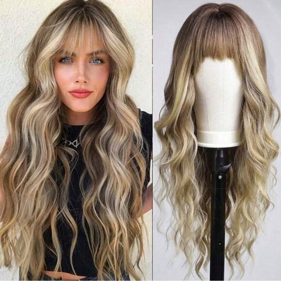 30 In Wig Dark roots Blonde ombre Style Loose Wavy Wig With Bangs Natur - Picture 1 of 9